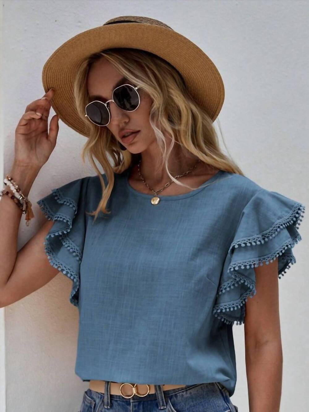 NEW LOVESOFT ruffle sleeve pom pom top in sea blue